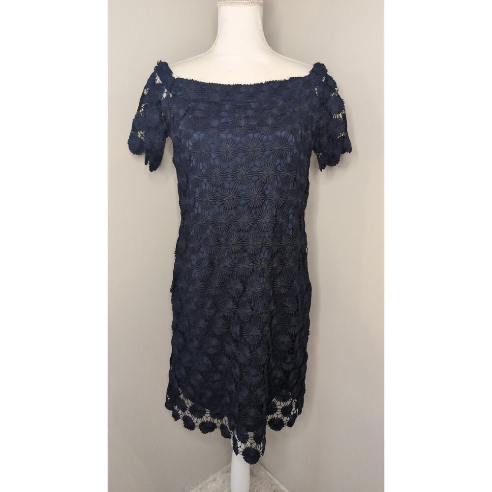 Trina Turk Lace Off Shoulder Dress Size M Navy Cocktail